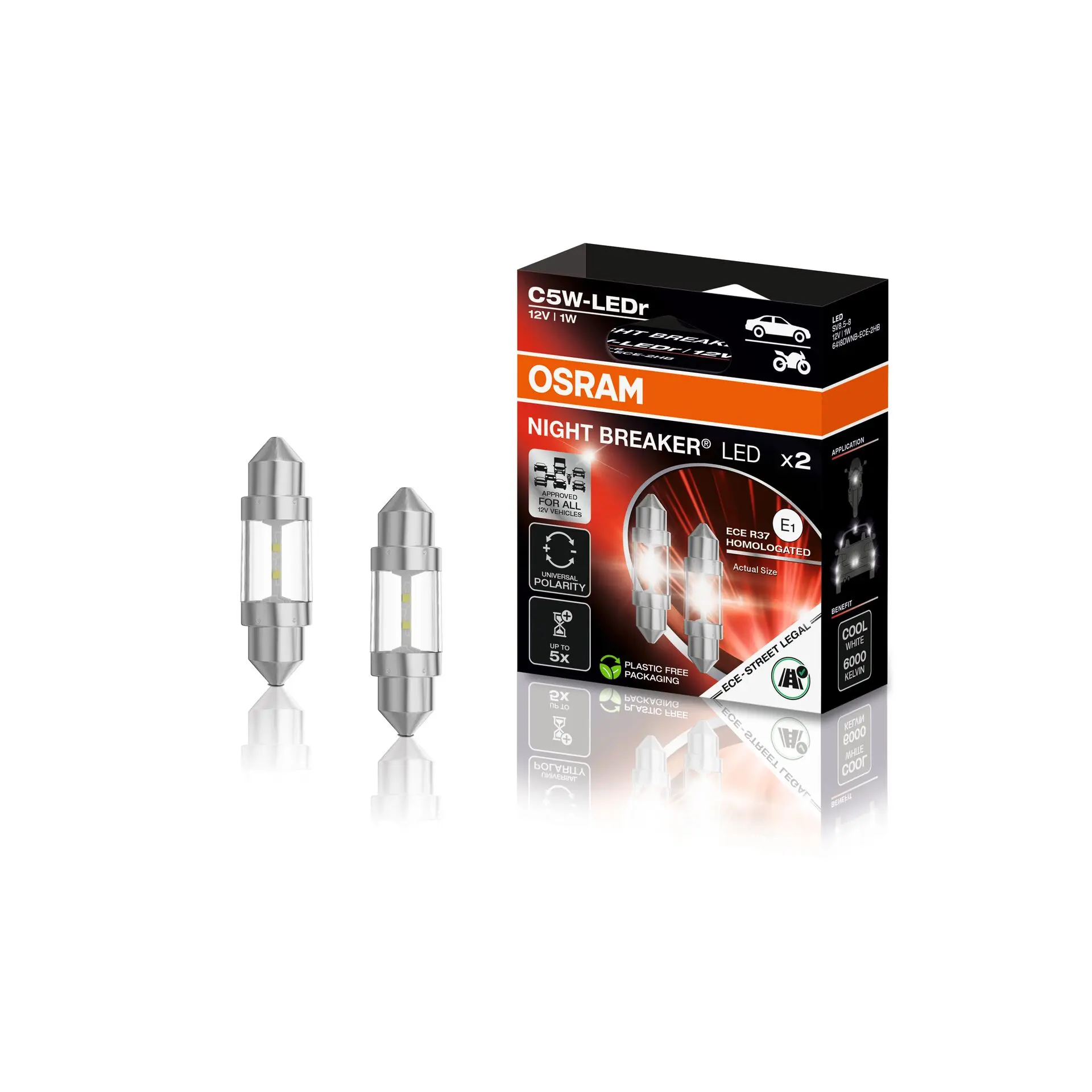 Osram Night Breaker LED C5W ECE godkendte t. alle biler 2stk. - C5W (Pinol)